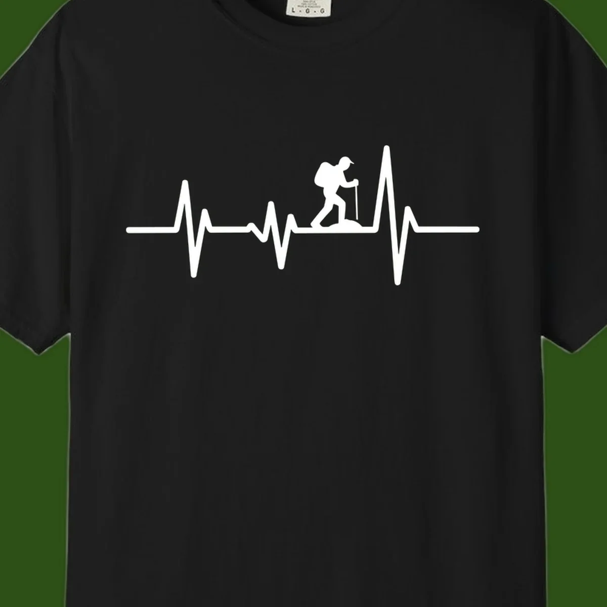White hiking silhouette with backpack integrated into a heartbeat ECG line on gray background