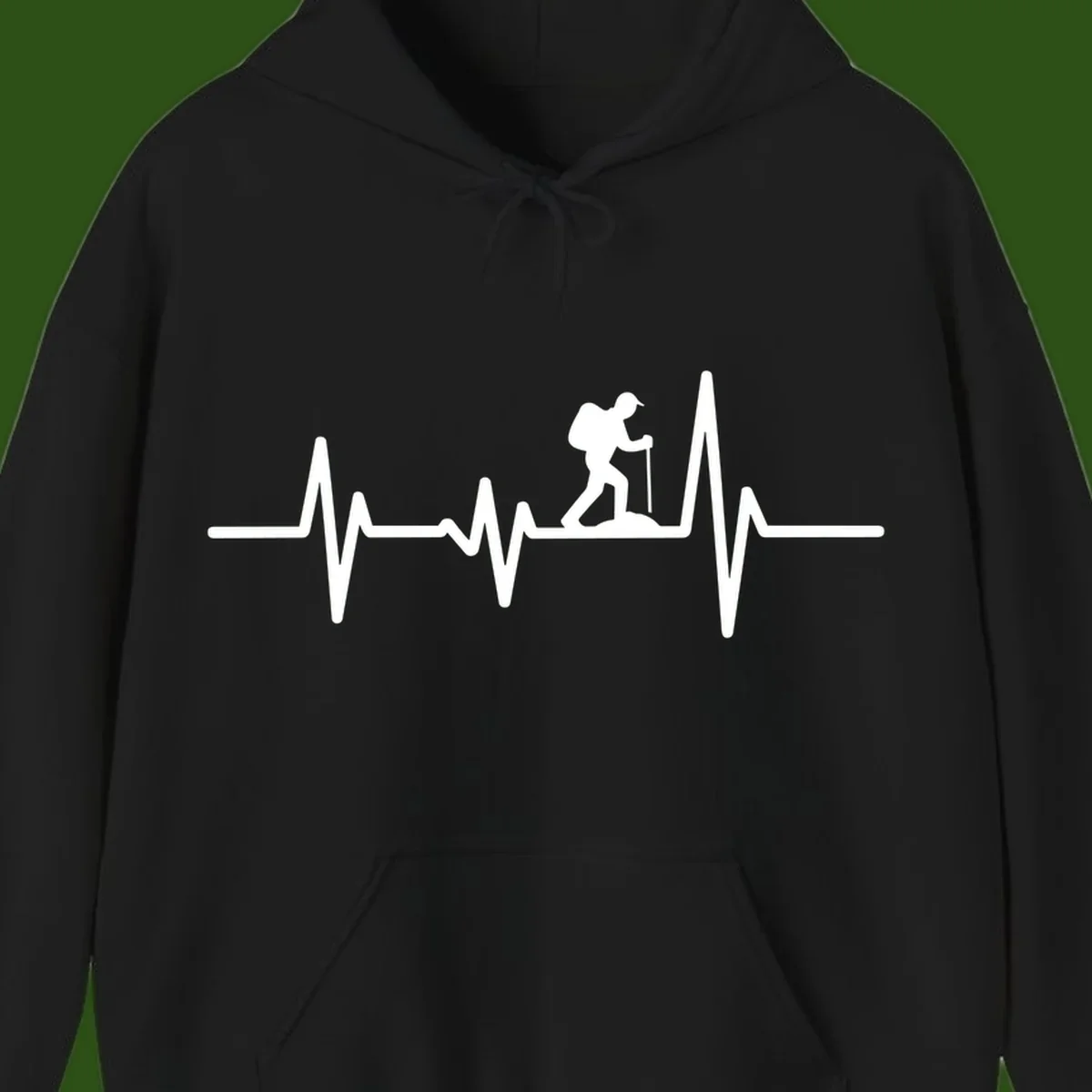 White hiking silhouette with backpack integrated into a heartbeat ECG line on gray background