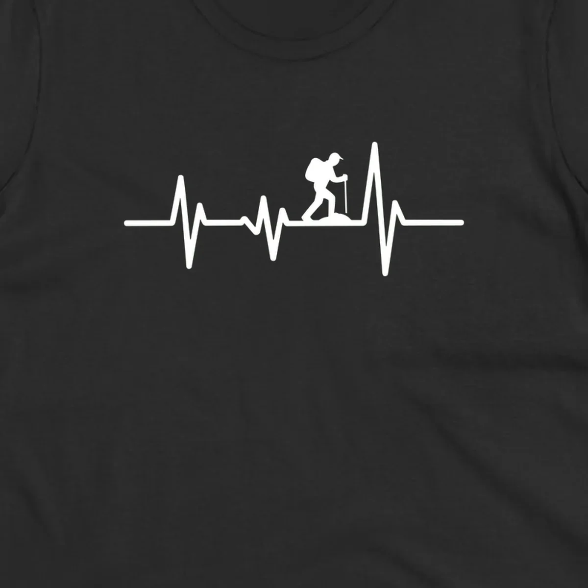 White hiking silhouette with backpack integrated into a heartbeat ECG line on gray background
