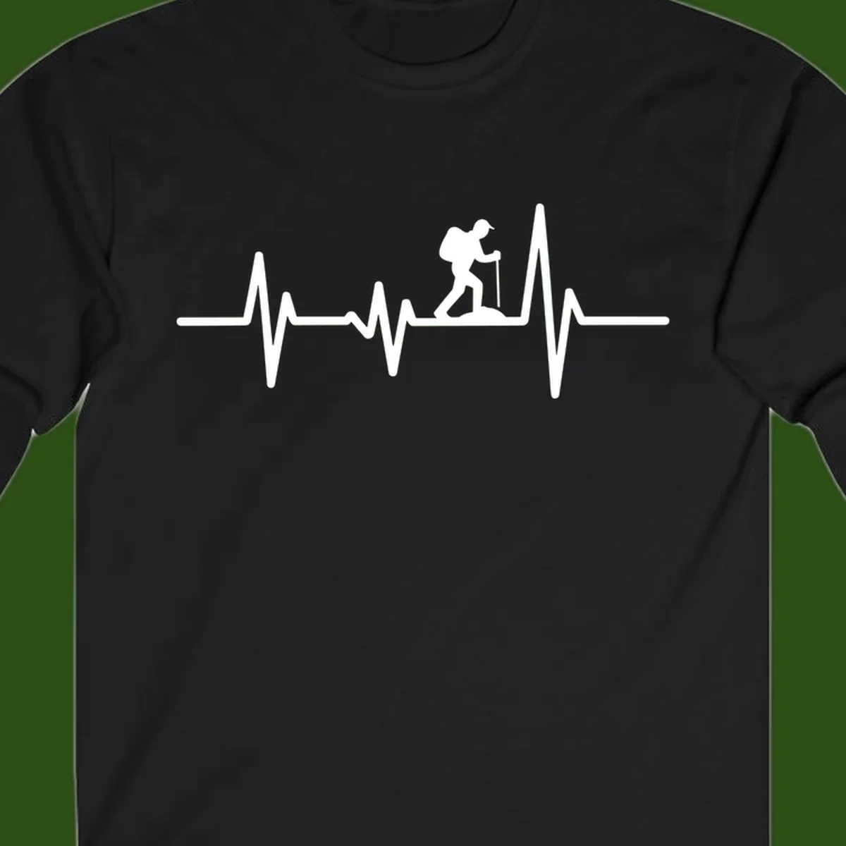 White hiking silhouette with backpack integrated into a heartbeat ECG line on gray background