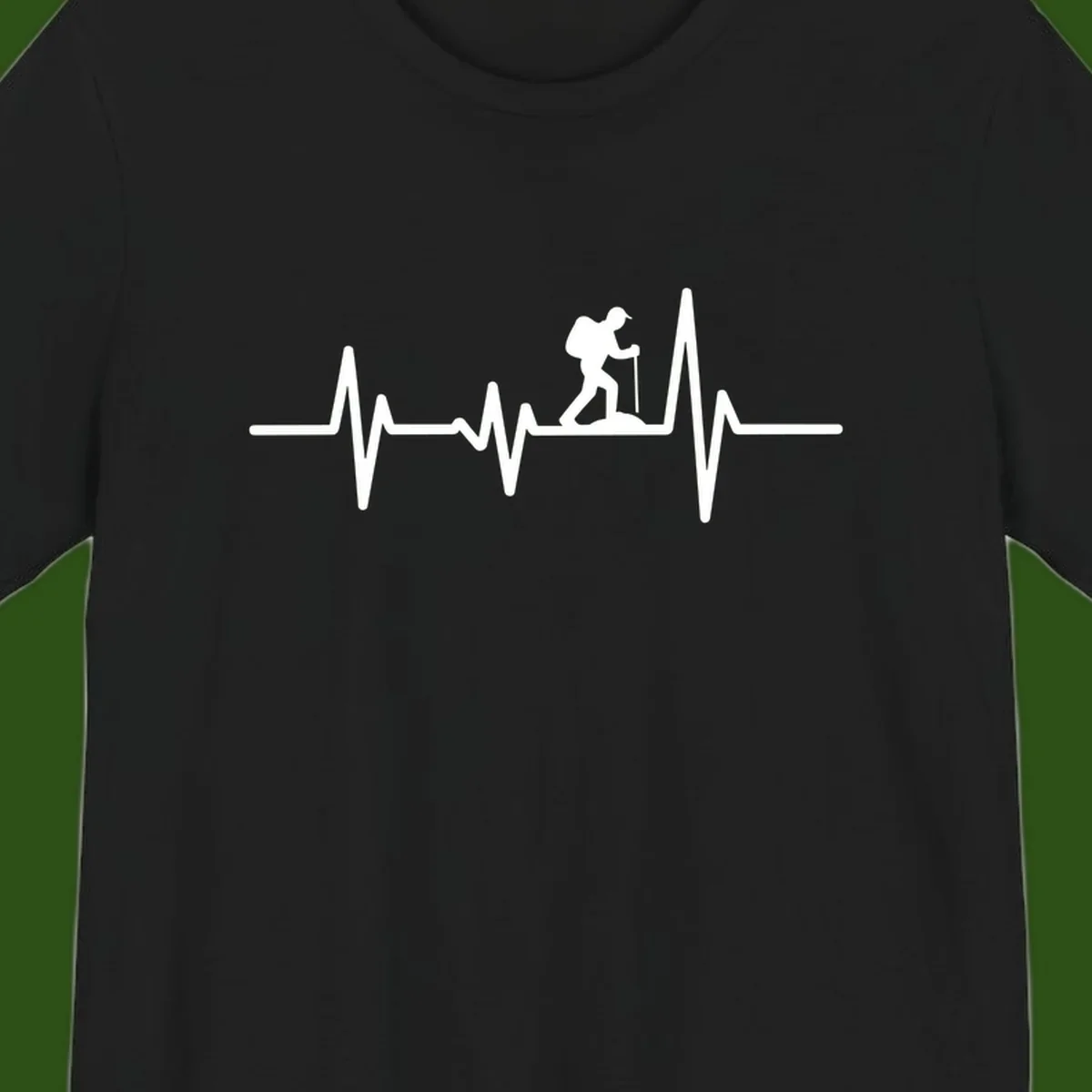 White hiking silhouette with backpack integrated into a heartbeat ECG line on gray background
