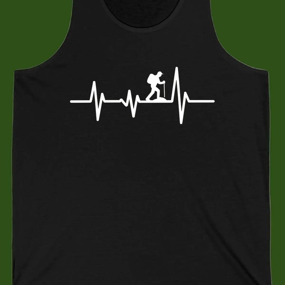White hiking silhouette with backpack integrated into a heartbeat ECG line on gray background