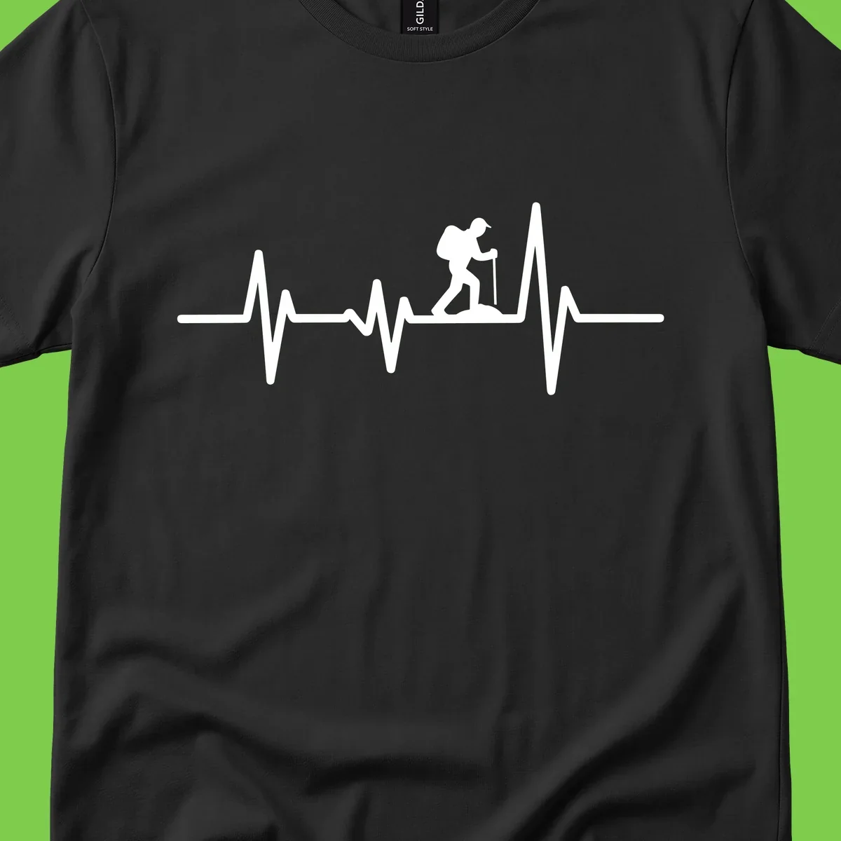 White hiking silhouette with backpack integrated into a heartbeat ECG line on gray background