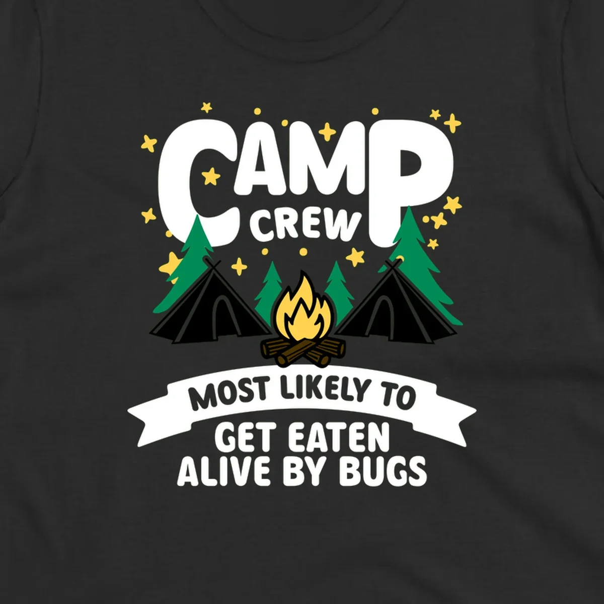 Camping illustration with tents, campfire, and pine trees surrounding text reading 'Camp Crew Most Likely To Get Eaten Alive By Bugs'