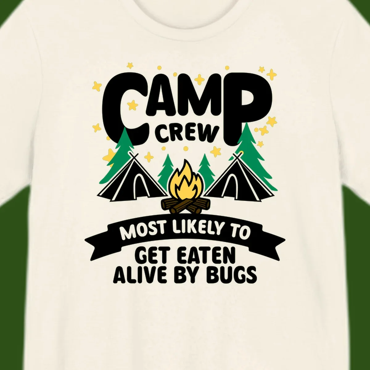 Camping illustration with tents, campfire, and pine trees surrounding text reading 'Camp Crew Most Likely To Get Eaten Alive By Bugs'