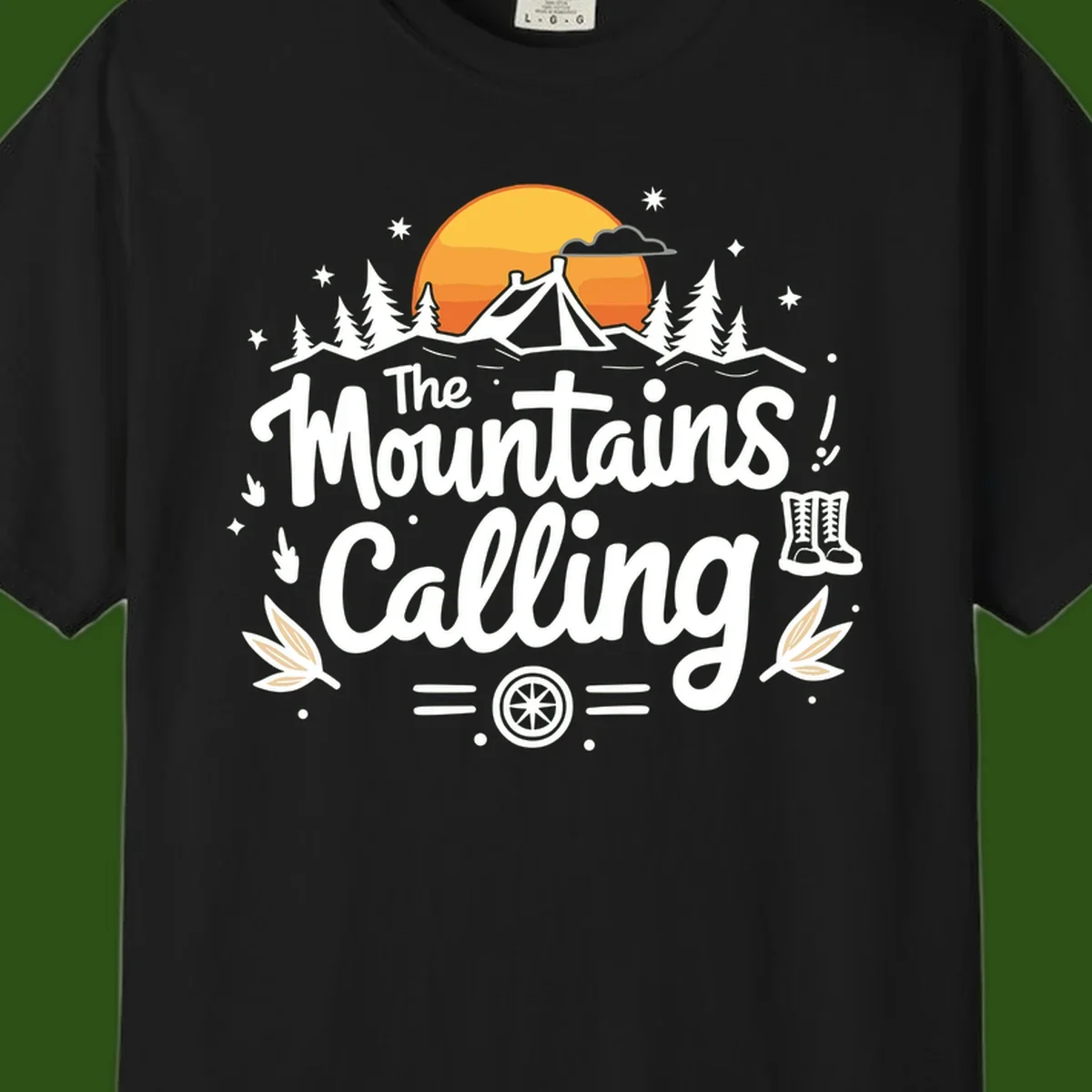 Illustration of a camping tent in a forest with mountains and sunset, surrounded by stars, trees, and hiking boots with 'The Mountains Calling' text.