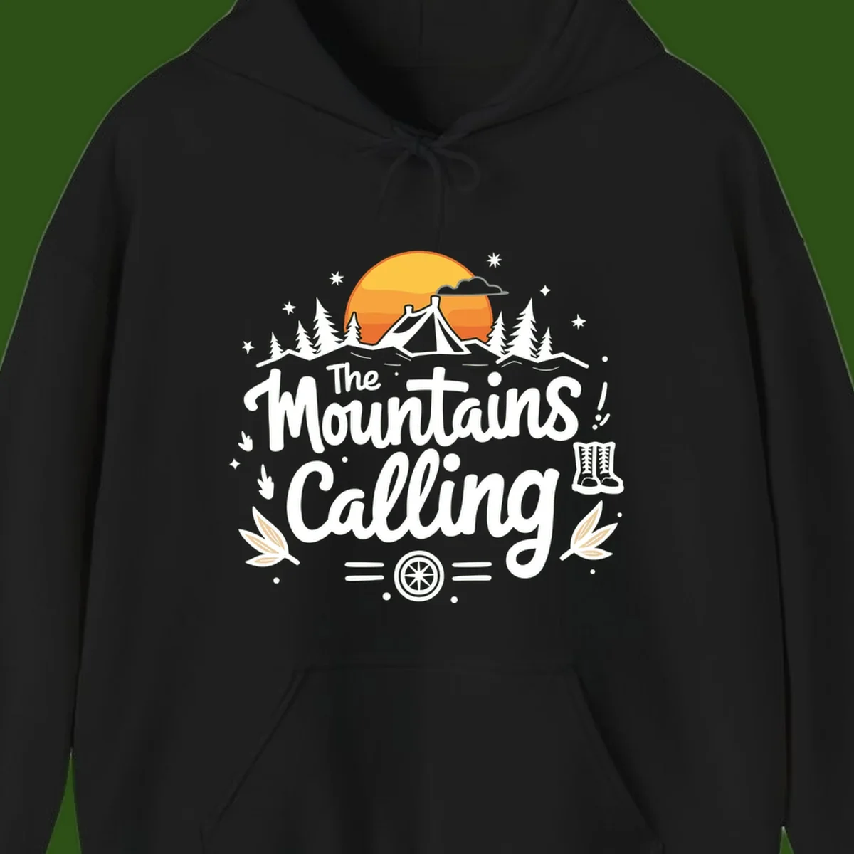 Illustration of a camping tent in a forest with mountains and sunset, surrounded by stars, trees, and hiking boots with 'The Mountains Calling' text.