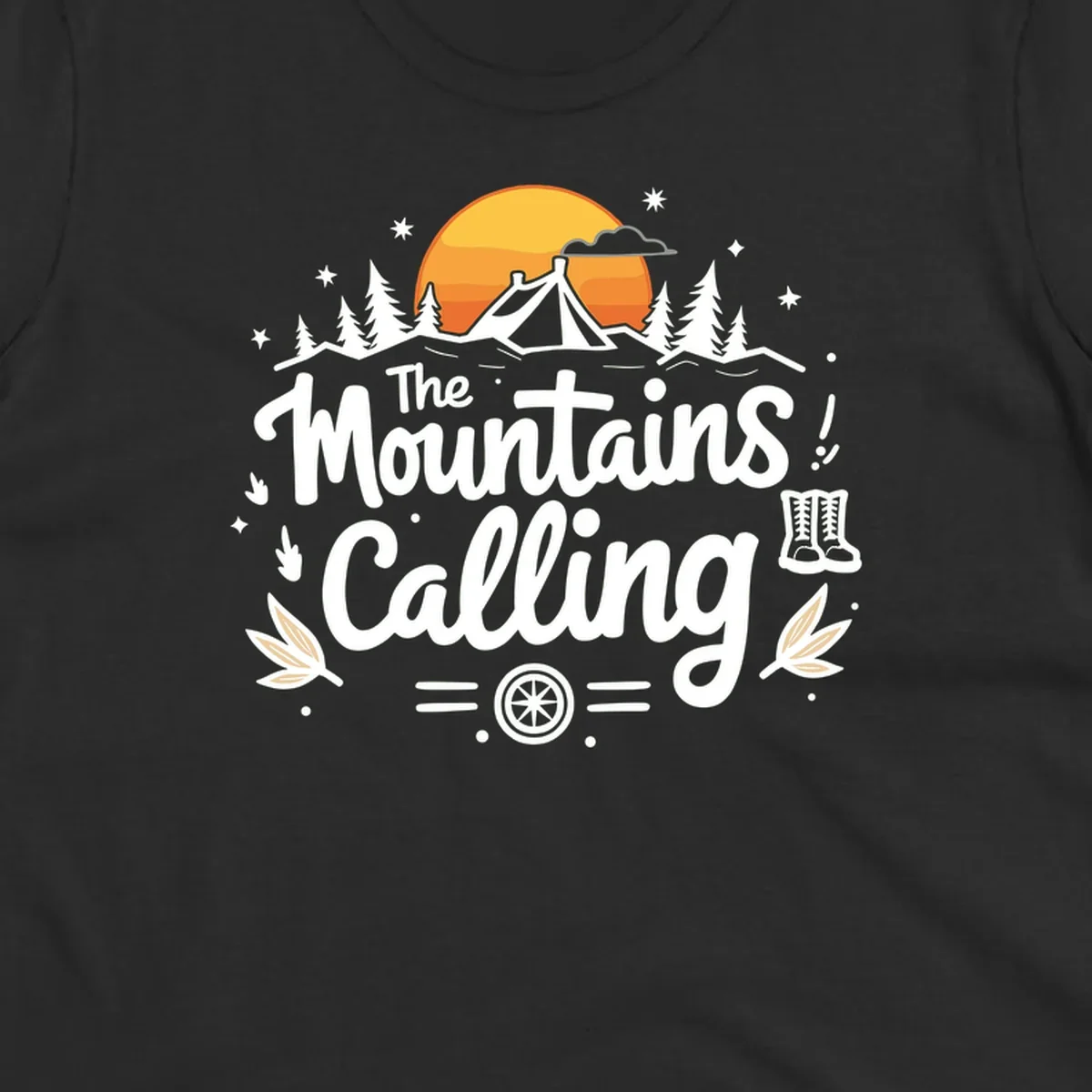 Illustration of a camping tent in a forest with mountains and sunset, surrounded by stars, trees, and hiking boots with 'The Mountains Calling' text.