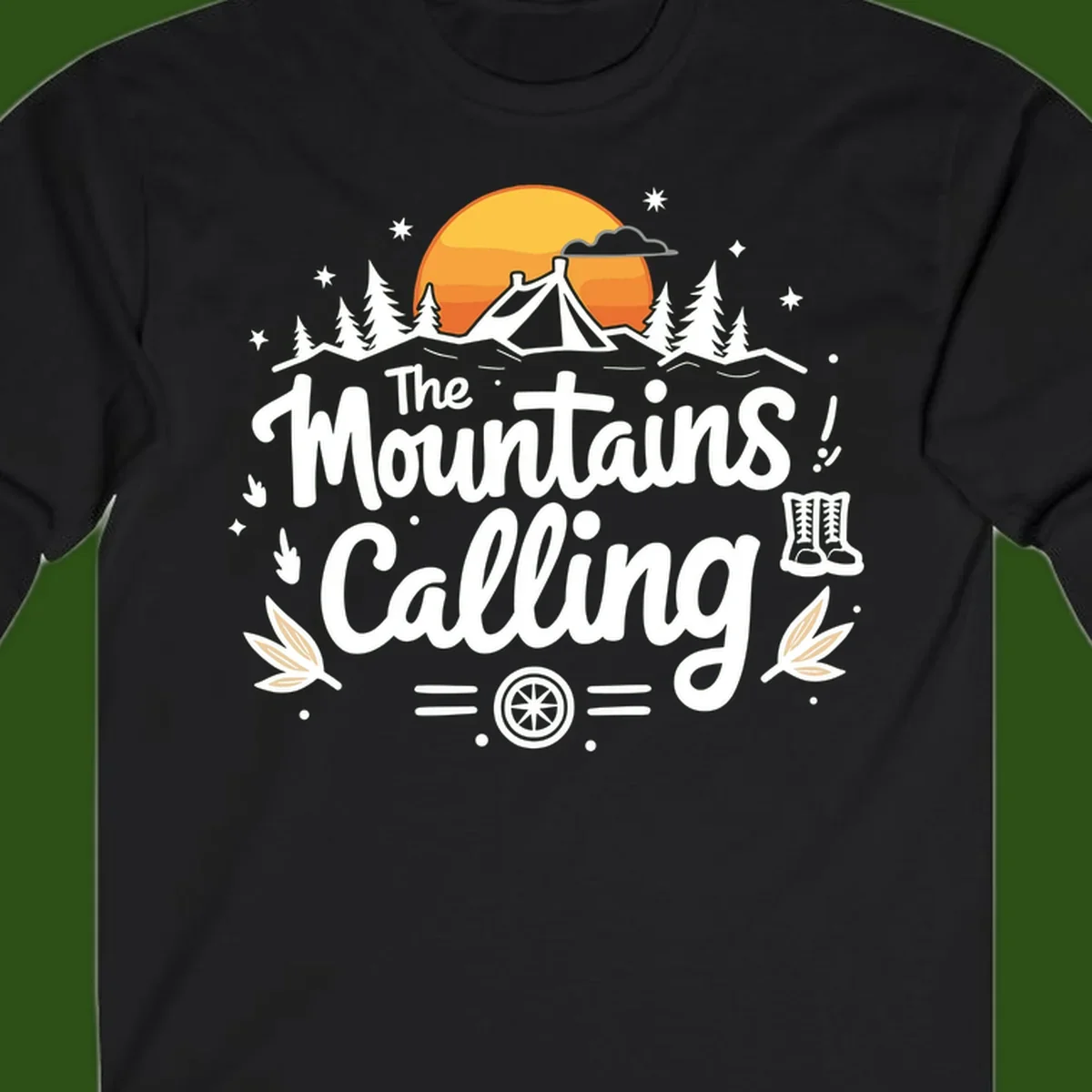 Illustration of a camping tent in a forest with mountains and sunset, surrounded by stars, trees, and hiking boots with 'The Mountains Calling' text.