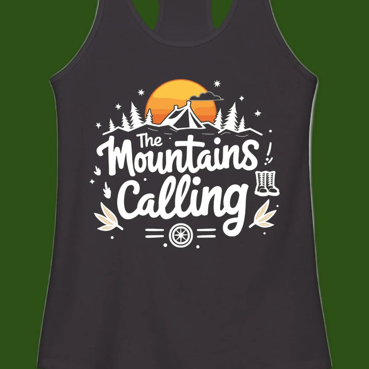 Illustration of a camping tent in a forest with mountains and sunset, surrounded by stars, trees, and hiking boots with 'The Mountains Calling' text.