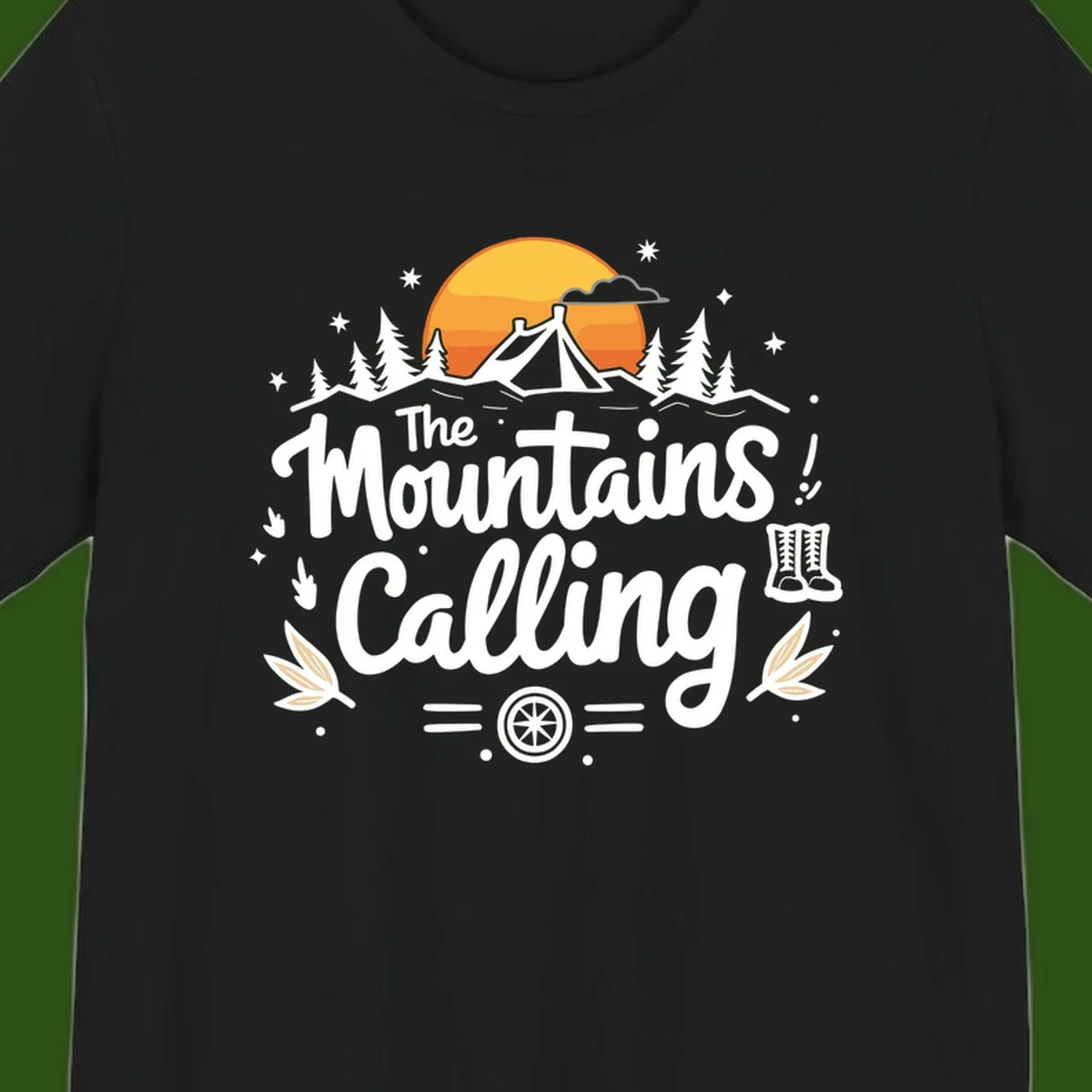 Illustration of a camping tent in a forest with mountains and sunset, surrounded by stars, trees, and hiking boots with 'The Mountains Calling' text.