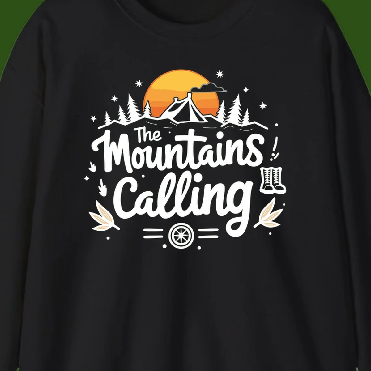 Illustration of a camping tent in a forest with mountains and sunset, surrounded by stars, trees, and hiking boots with 'The Mountains Calling' text.