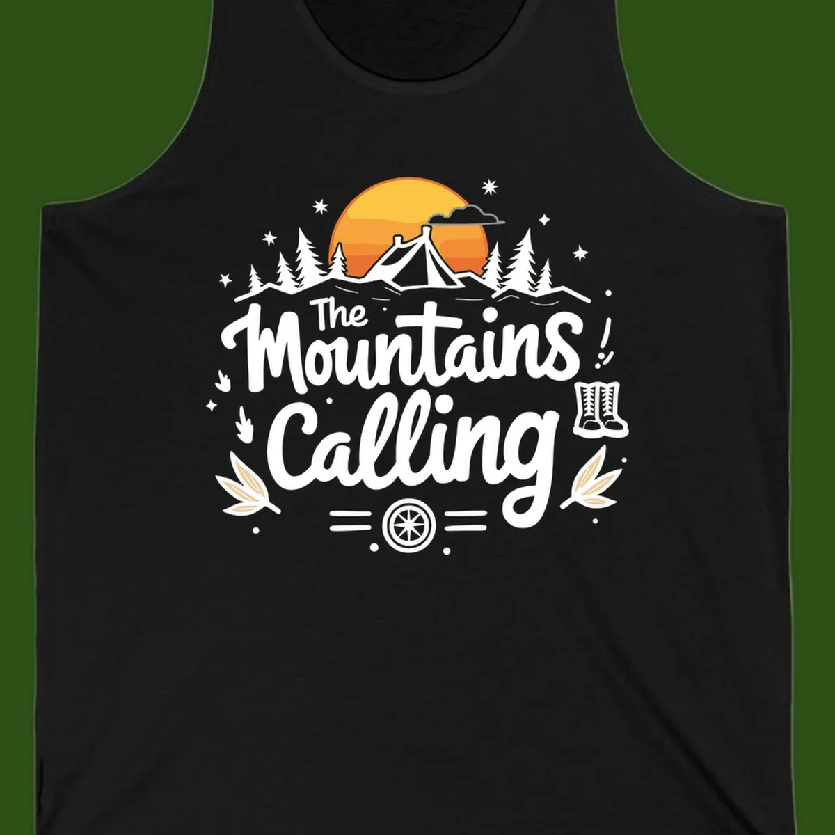 Illustration of a camping tent in a forest with mountains and sunset, surrounded by stars, trees, and hiking boots with 'The Mountains Calling' text.