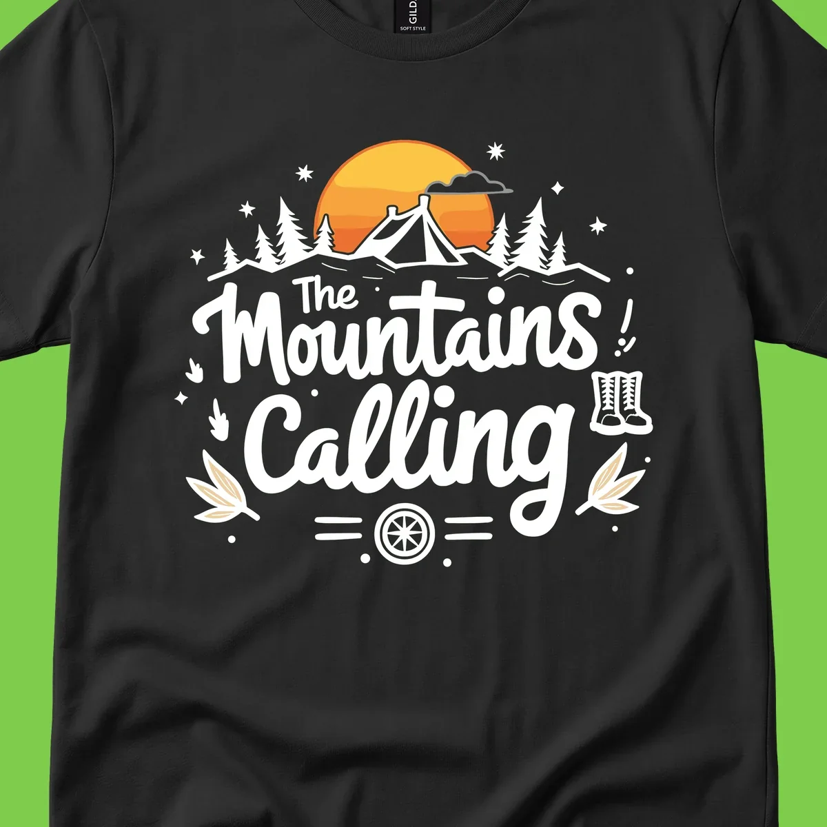 Illustration of a camping tent in a forest with mountains and sunset, surrounded by stars, trees, and hiking boots with 'The Mountains Calling' text.
