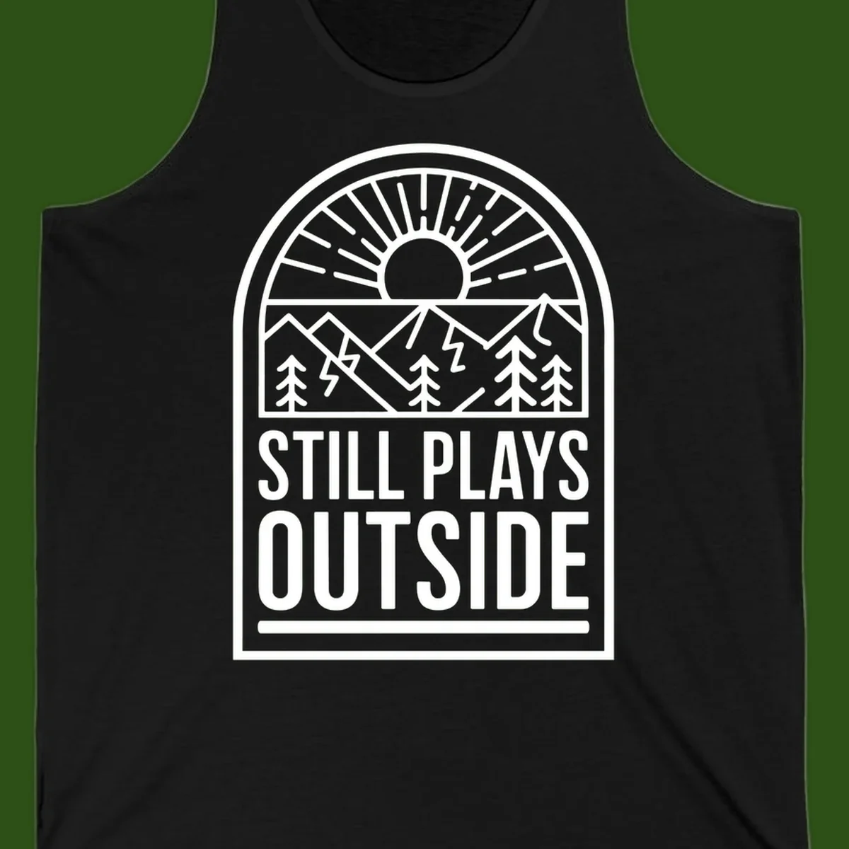 Still Plays Outside badge design featuring mountains, sun, pine trees, and lightning bolt in minimalist line art style