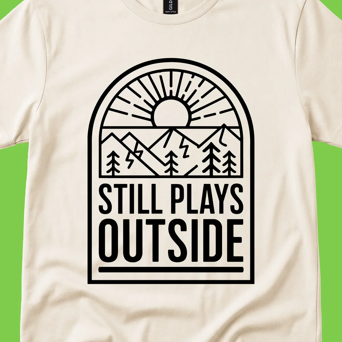Still Plays Outside badge design featuring mountains, sun, pine trees, and lightning bolt in minimalist line art style