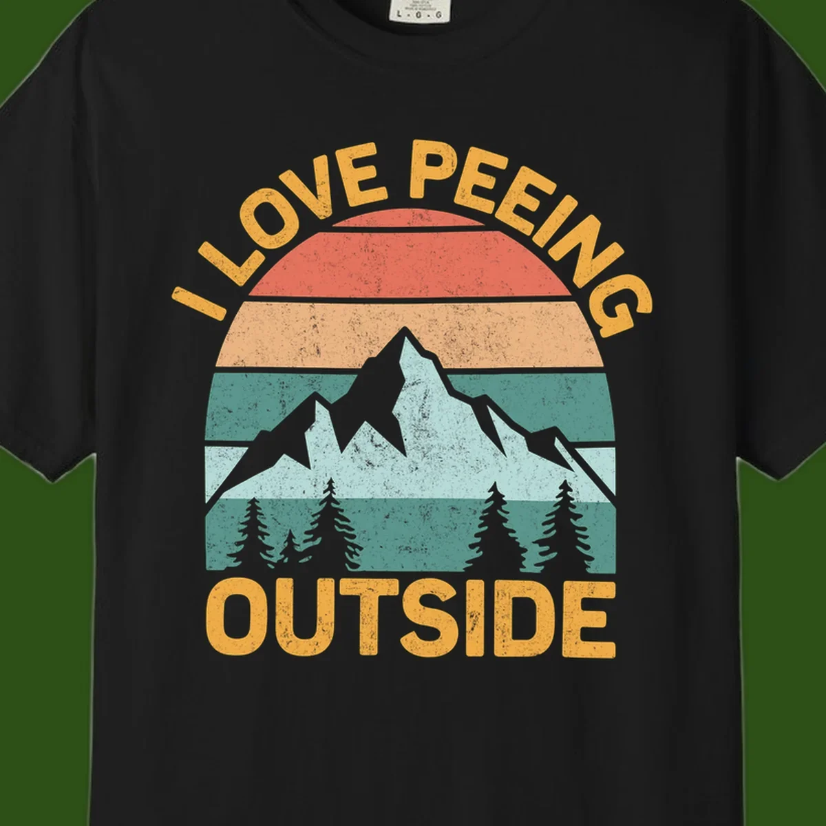 Retro sunset design with snow mountains and trees, text reads 'I Love Peeling Outside' in distressed gold lettering