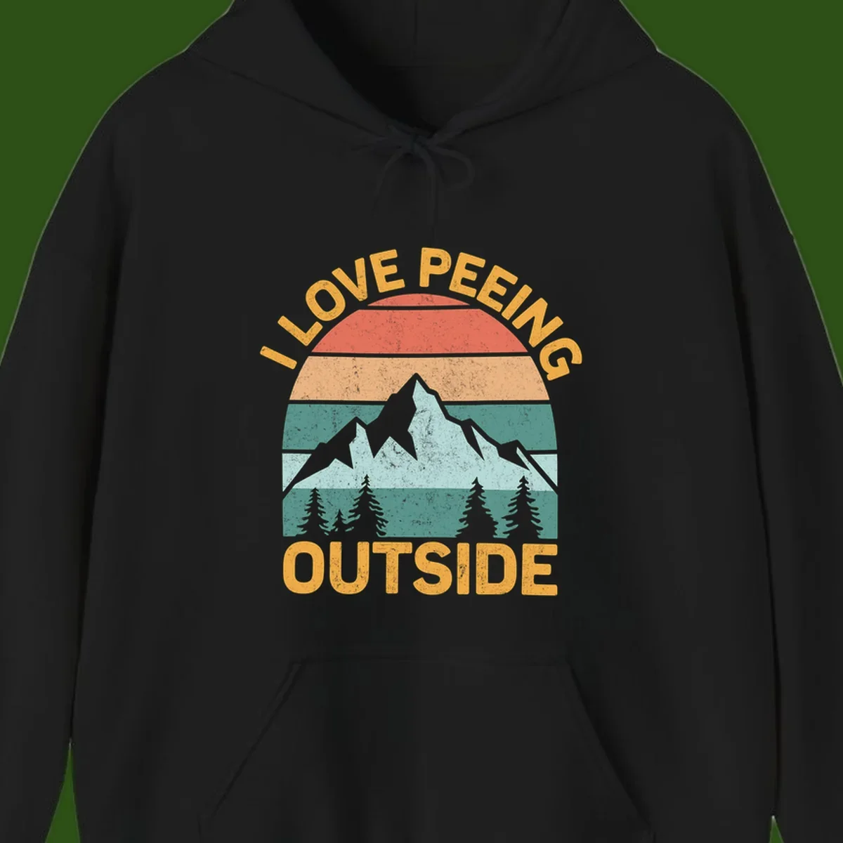 Retro sunset design with snow mountains and trees, text reads 'I Love Peeling Outside' in distressed gold lettering