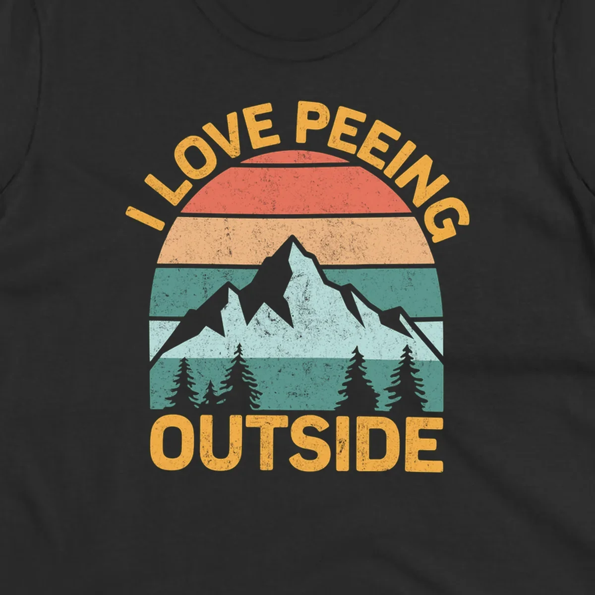 Retro sunset design with snow mountains and trees, text reads 'I Love Peeling Outside' in distressed gold lettering
