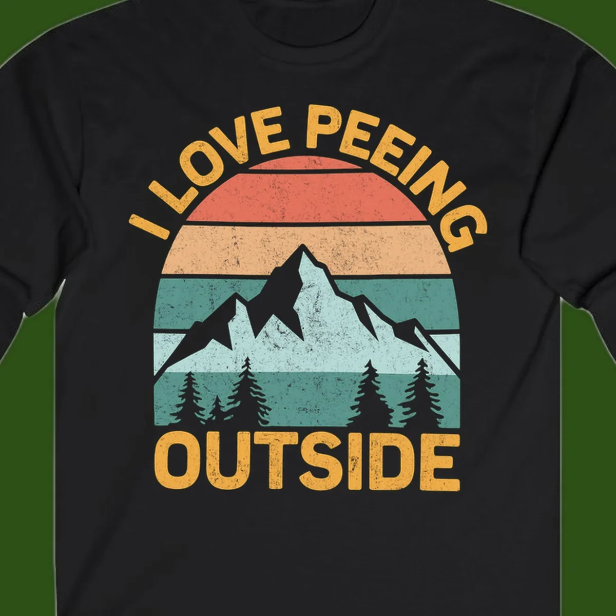 Retro sunset design with snow mountains and trees, text reads 'I Love Peeling Outside' in distressed gold lettering