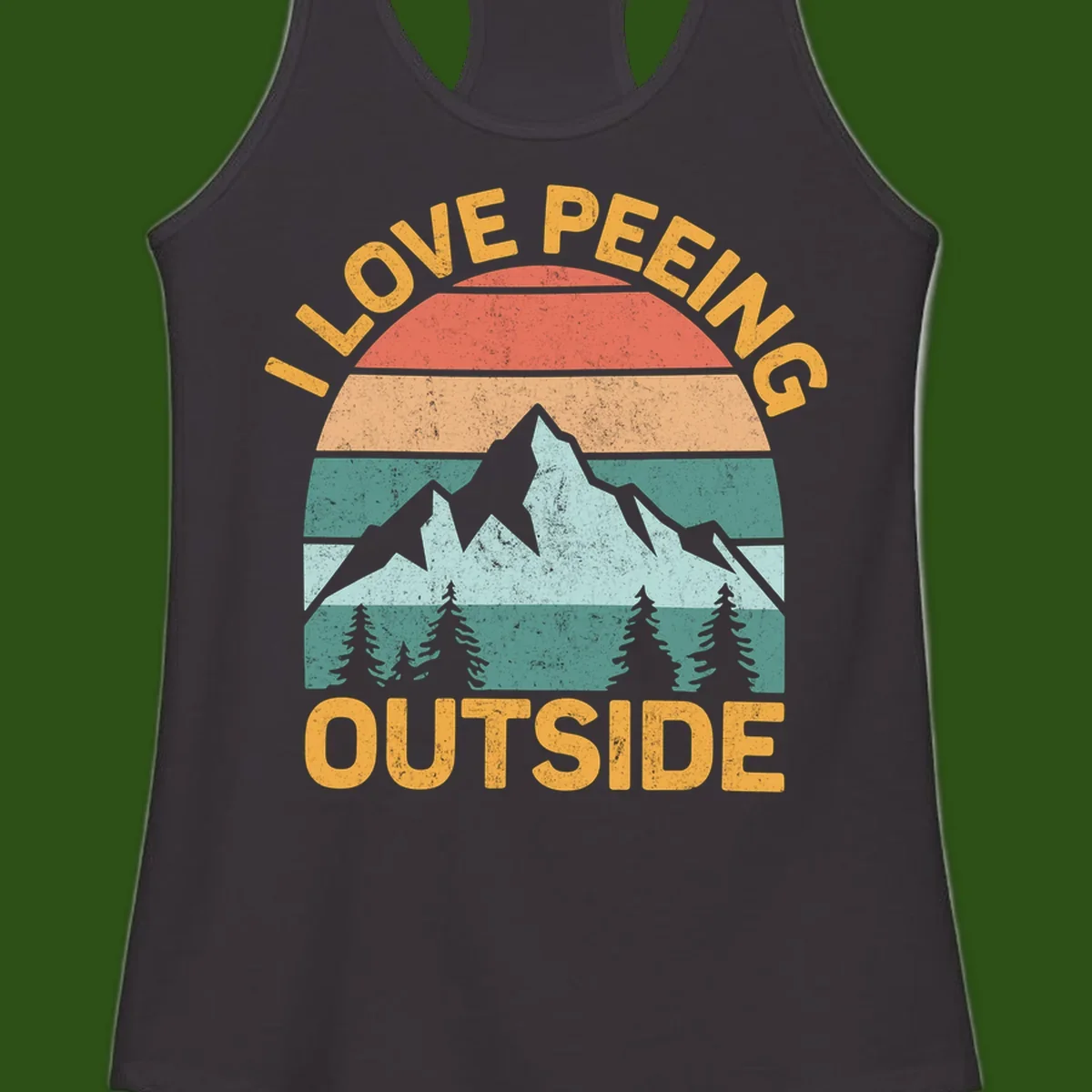 Retro sunset design with snow mountains and trees, text reads 'I Love Peeling Outside' in distressed gold lettering