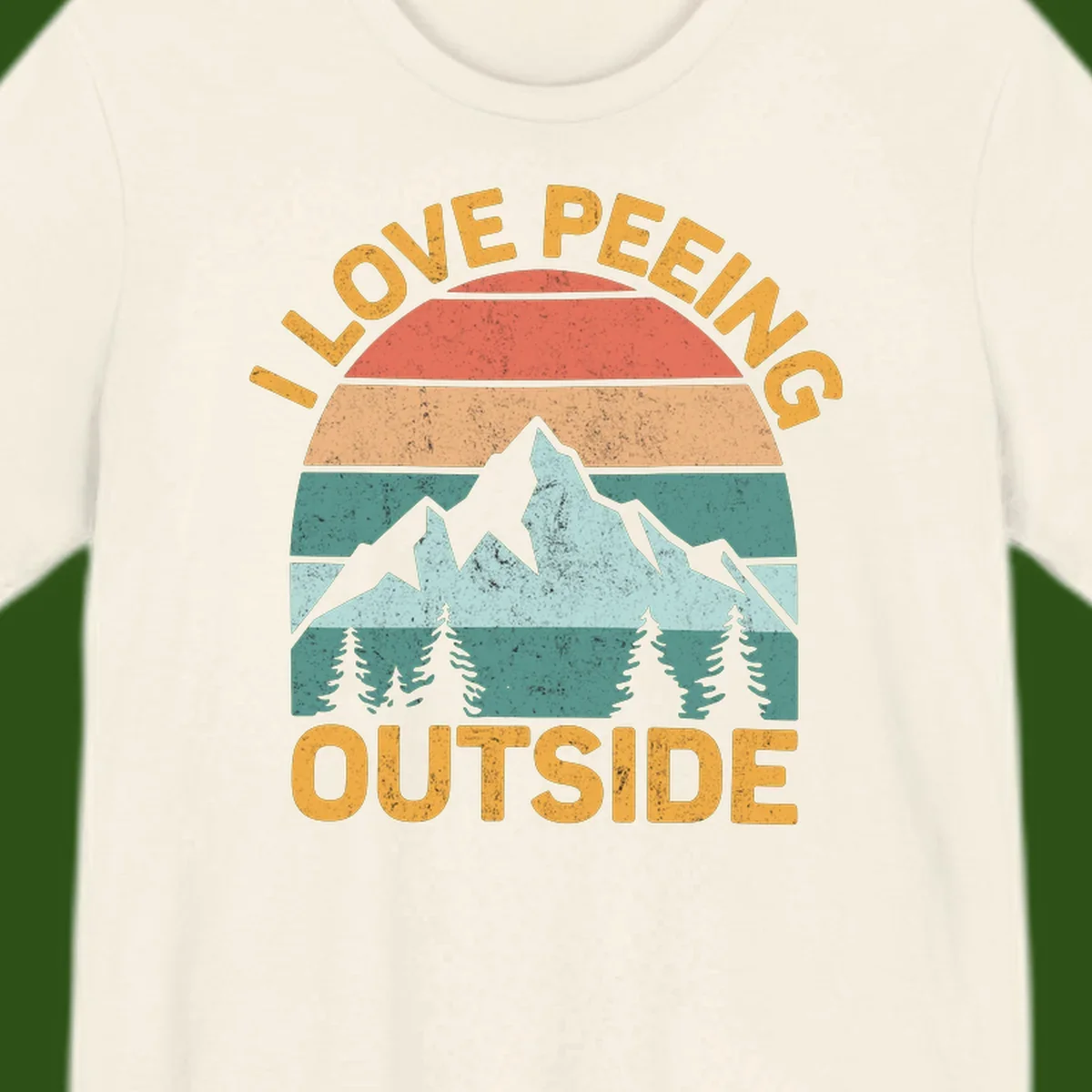 Retro sunset design with snow mountains and trees, text reads 'I Love Peeling Outside' in distressed gold lettering