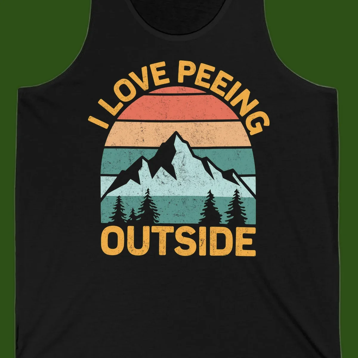Retro sunset design with snow mountains and trees, text reads 'I Love Peeling Outside' in distressed gold lettering