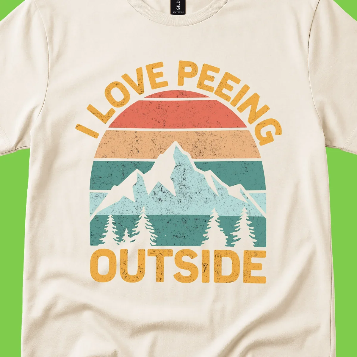 Retro sunset design with snow mountains and trees, text reads 'I Love Peeling Outside' in distressed gold lettering