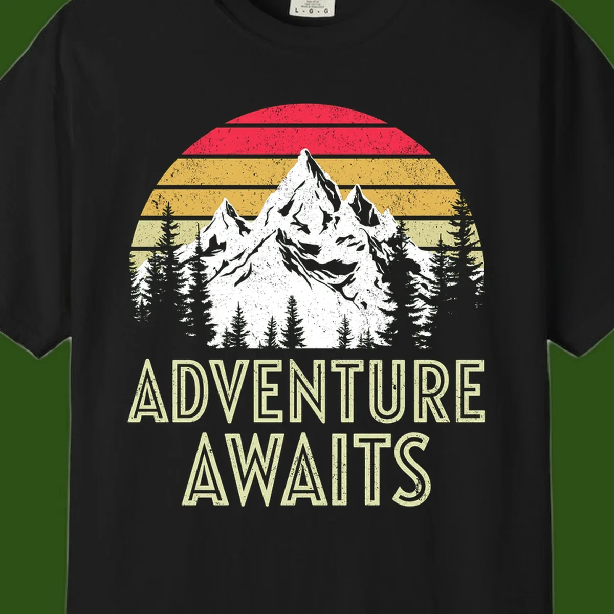 Retro adventure awaits design with snow-capped mountains, pine forest silhouettes, and vintage sunset stripes in distressed style.