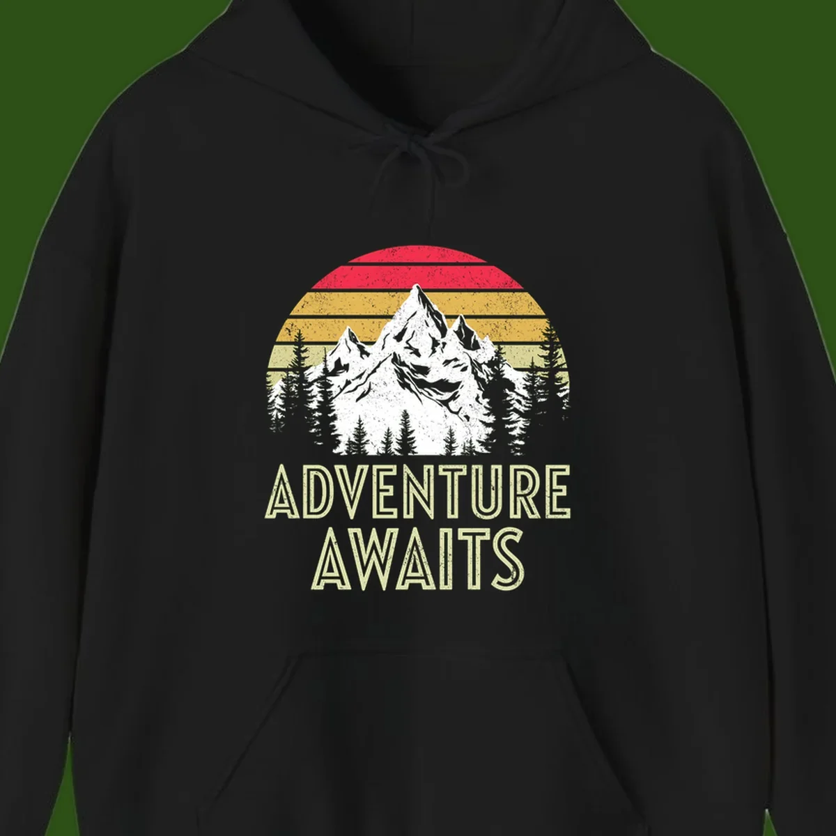 Retro adventure awaits design with snow-capped mountains, pine forest silhouettes, and vintage sunset stripes in distressed style.