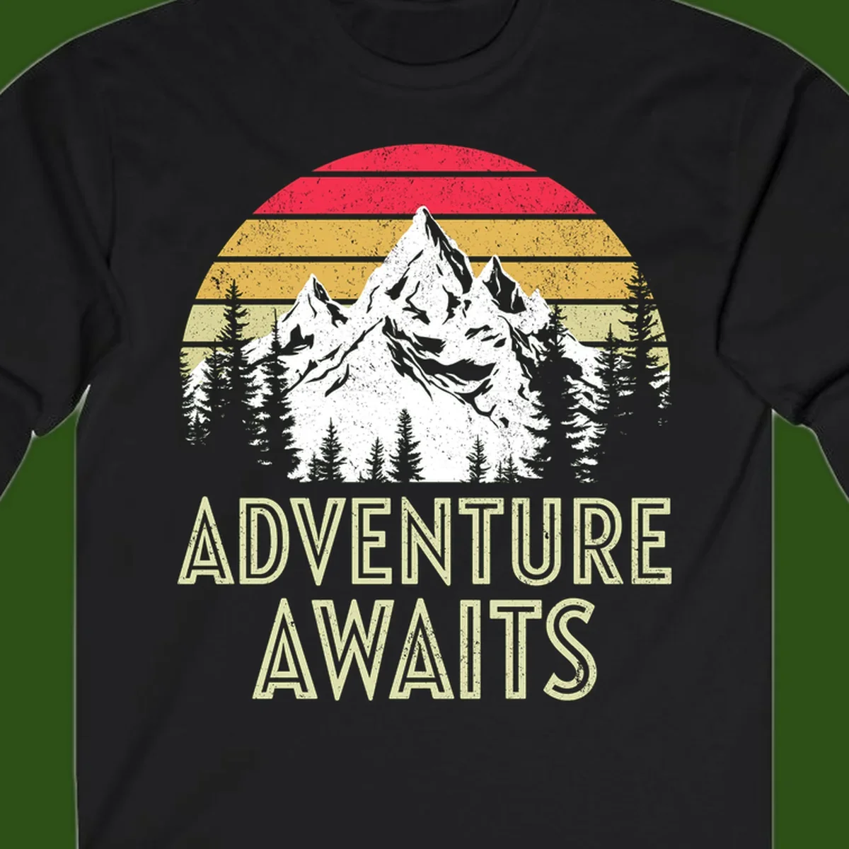 Retro adventure awaits design with snow-capped mountains, pine forest silhouettes, and vintage sunset stripes in distressed style.
