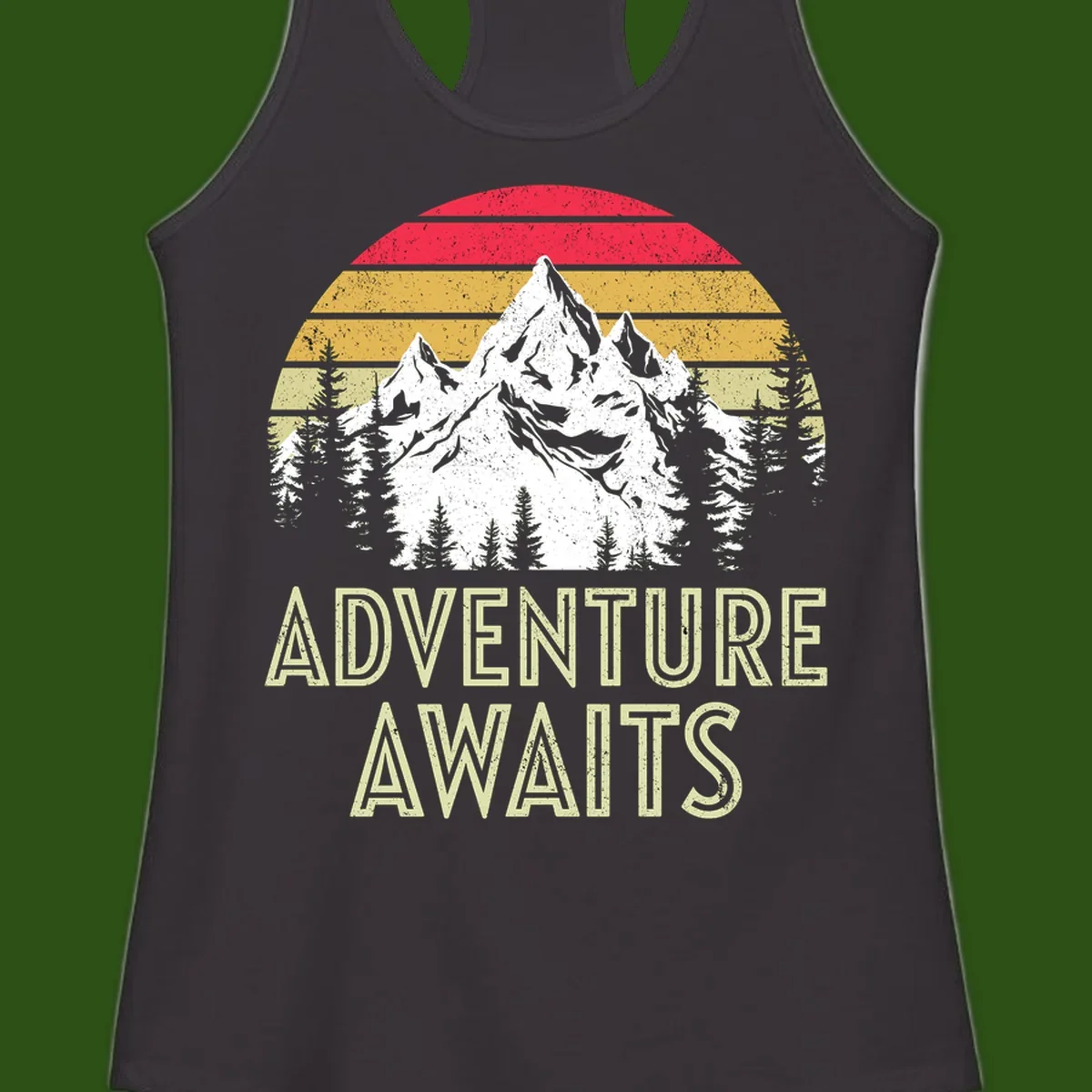 Retro adventure awaits design with snow-capped mountains, pine forest silhouettes, and vintage sunset stripes in distressed style.