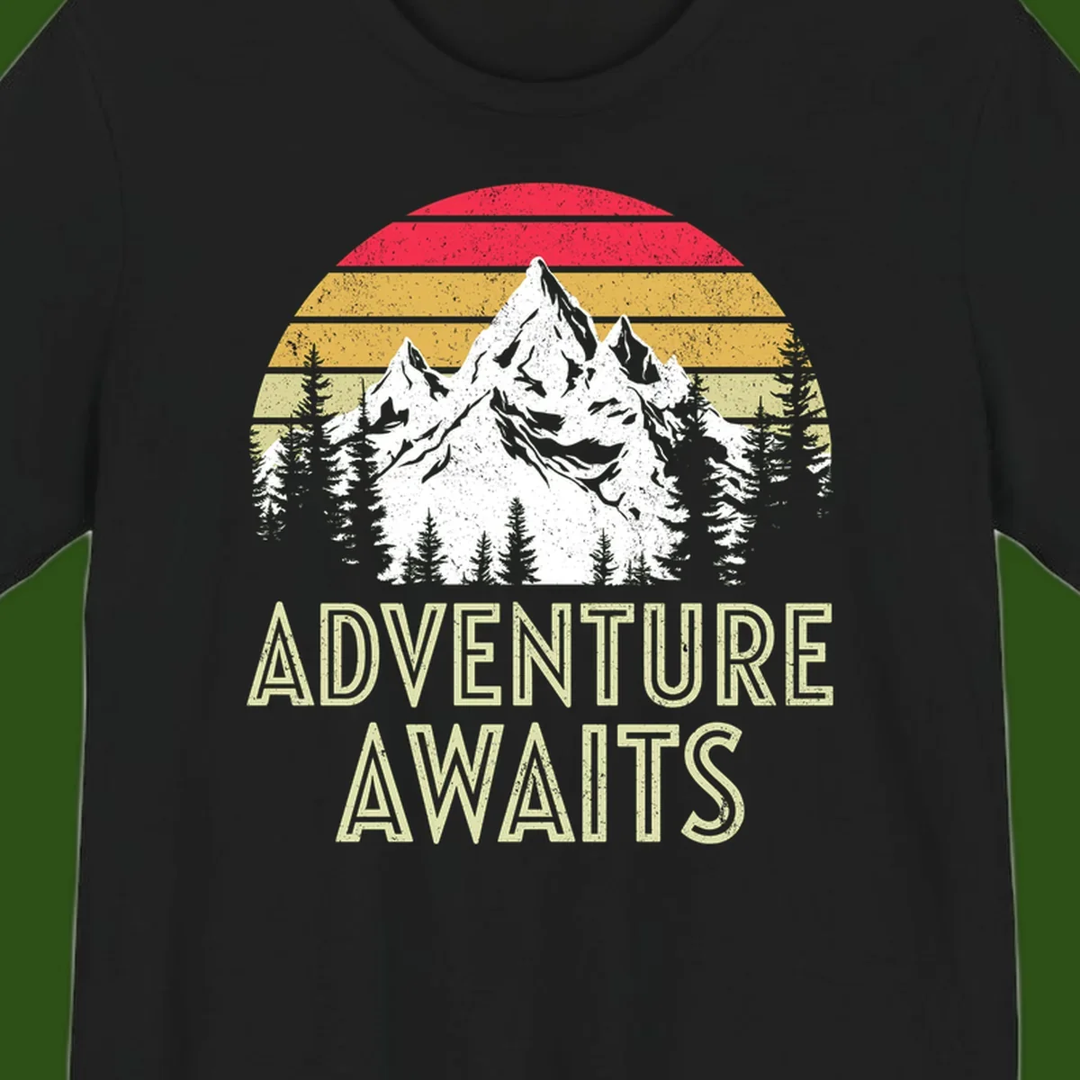 Retro adventure awaits design with snow-capped mountains, pine forest silhouettes, and vintage sunset stripes in distressed style.