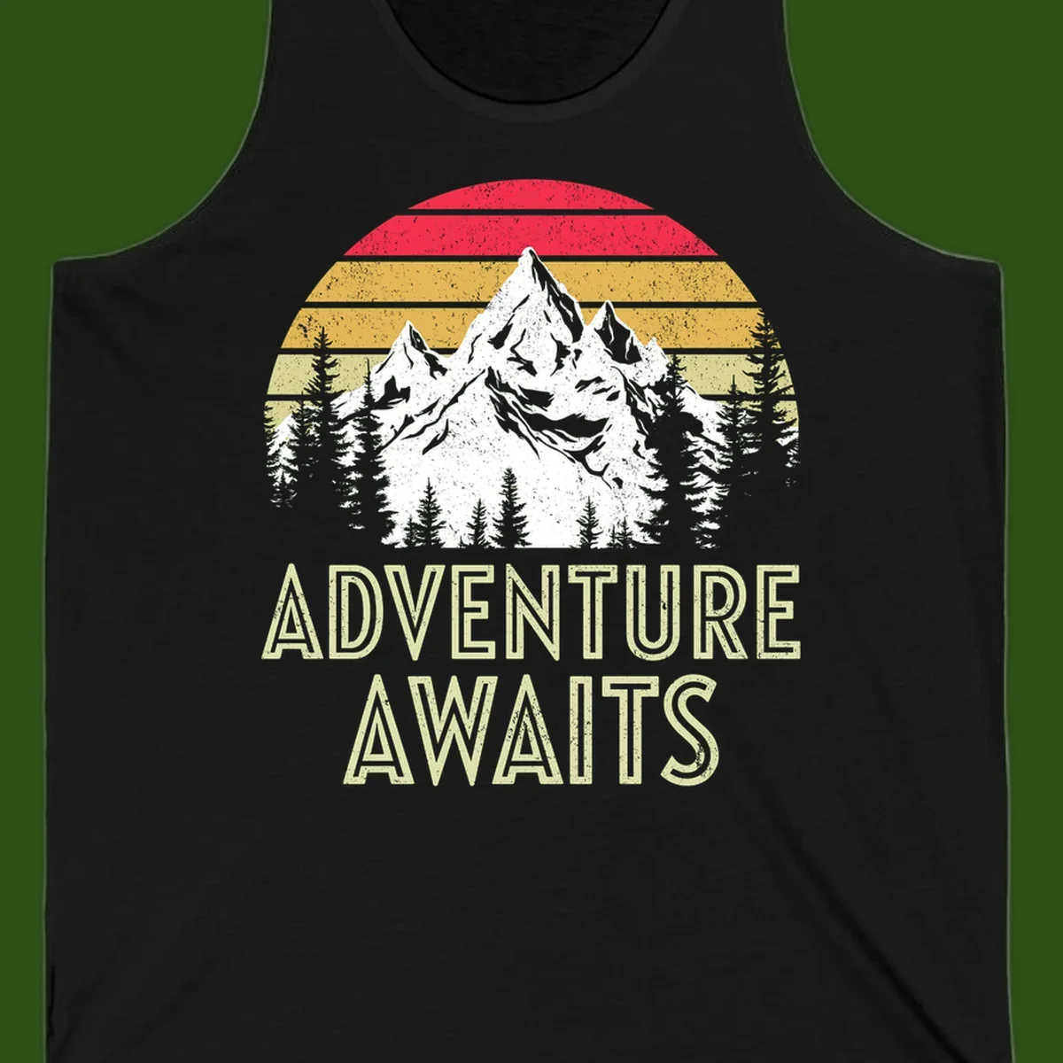 Retro adventure awaits design with snow-capped mountains, pine forest silhouettes, and vintage sunset stripes in distressed style.