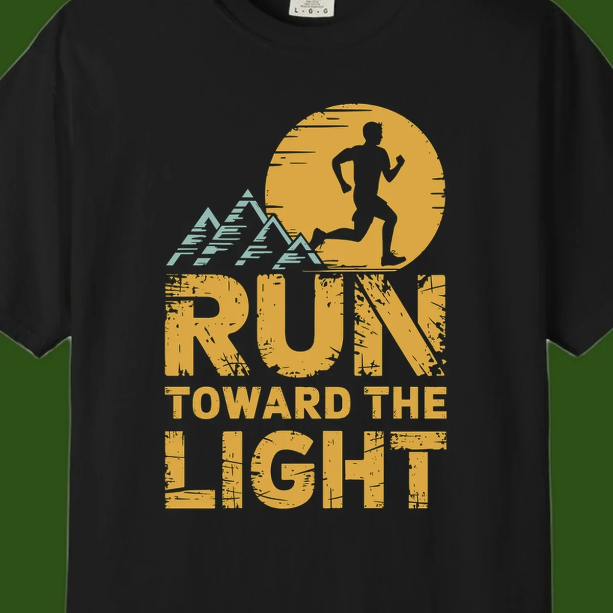 Vintage-style illustration of a runner silhouette against a glowing light with mountain peaks, text reads 'Run Toward The Light'