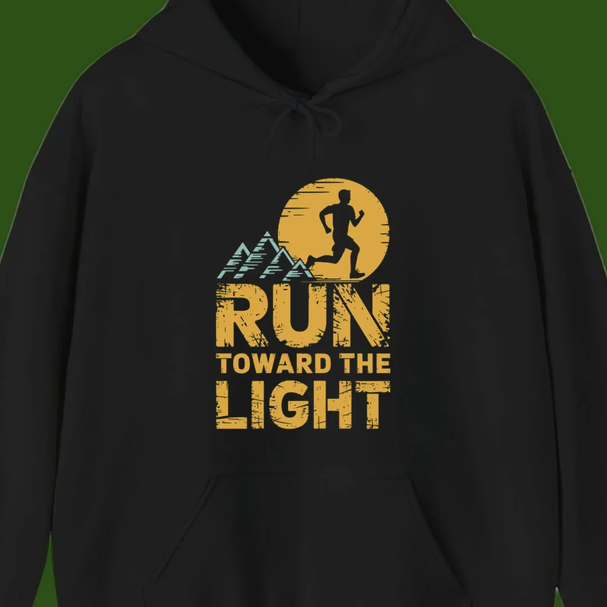 Vintage-style illustration of a runner silhouette against a glowing light with mountain peaks, text reads 'Run Toward The Light'