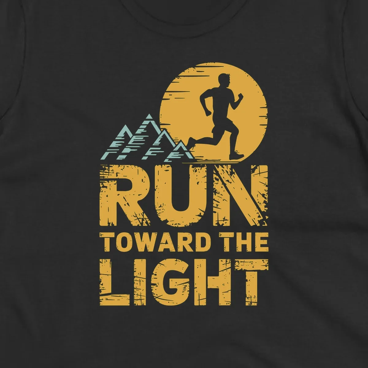 Vintage-style illustration of a runner silhouette against a glowing light with mountain peaks, text reads 'Run Toward The Light'