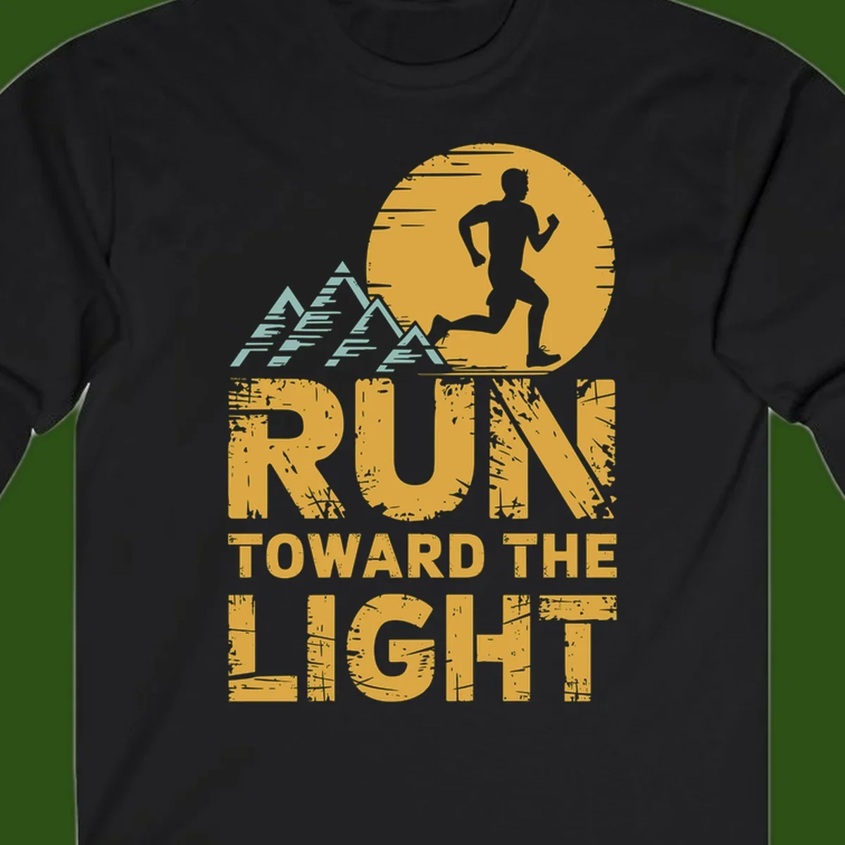 Vintage-style illustration of a runner silhouette against a glowing light with mountain peaks, text reads 'Run Toward The Light'