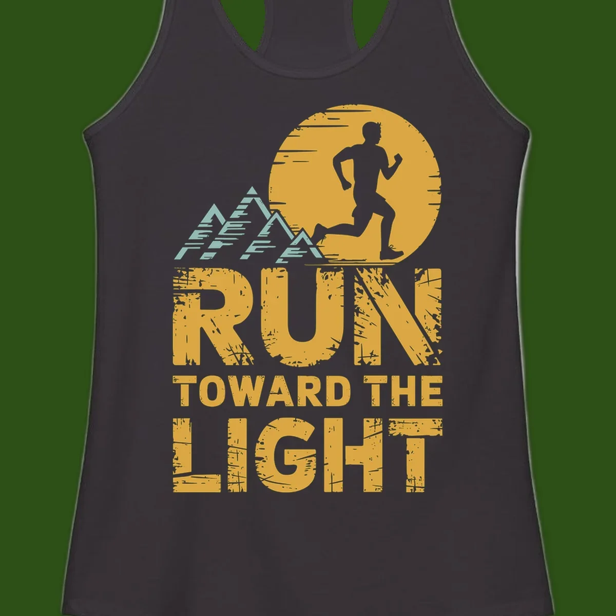 Vintage-style illustration of a runner silhouette against a glowing light with mountain peaks, text reads 'Run Toward The Light'