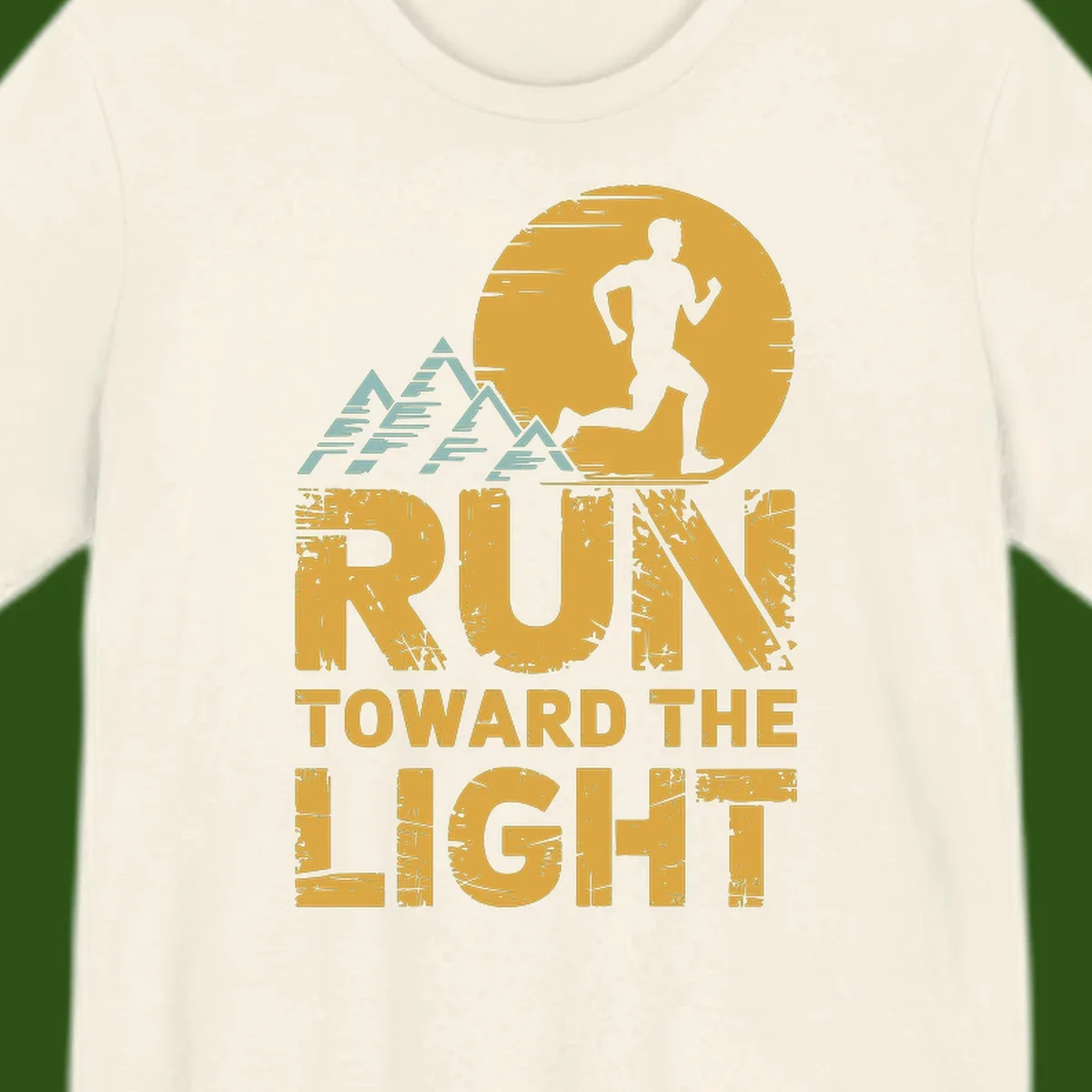 Vintage-style illustration of a runner silhouette against a glowing light with mountain peaks, text reads 'Run Toward The Light'