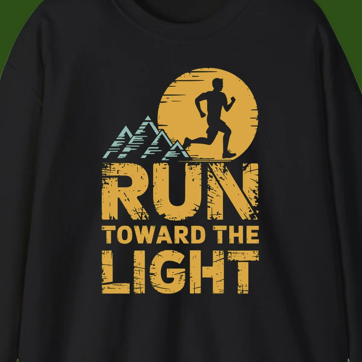 Vintage-style illustration of a runner silhouette against a glowing light with mountain peaks, text reads 'Run Toward The Light'