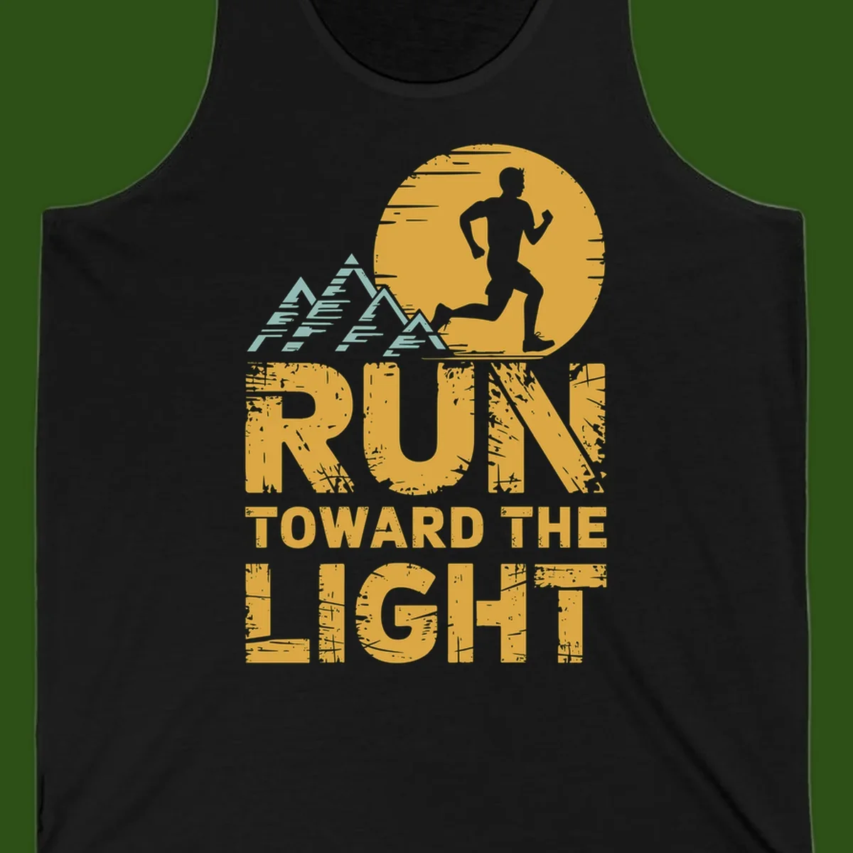 Vintage-style illustration of a runner silhouette against a glowing light with mountain peaks, text reads 'Run Toward The Light'