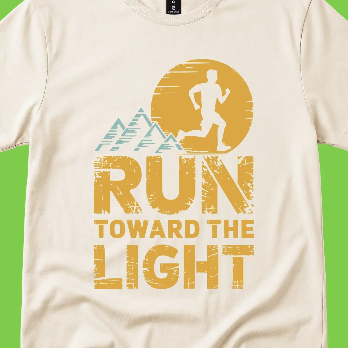 Vintage-style illustration of a runner silhouette against a glowing light with mountain peaks, text reads 'Run Toward The Light'