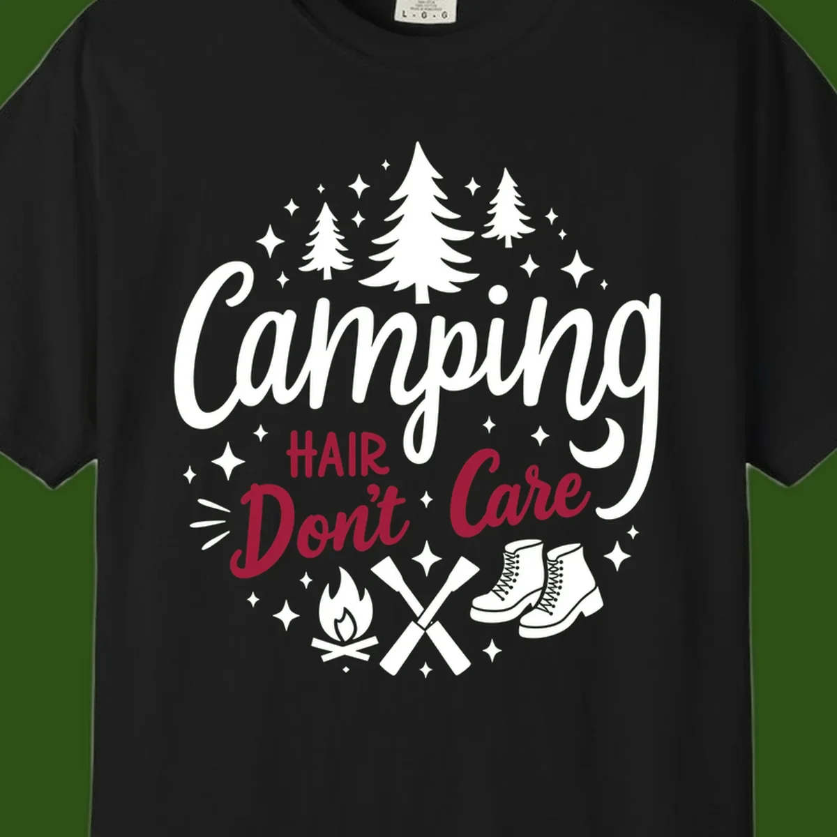 Camping hair don't care design with pine trees, campfire, boots, and script lettering on gray background