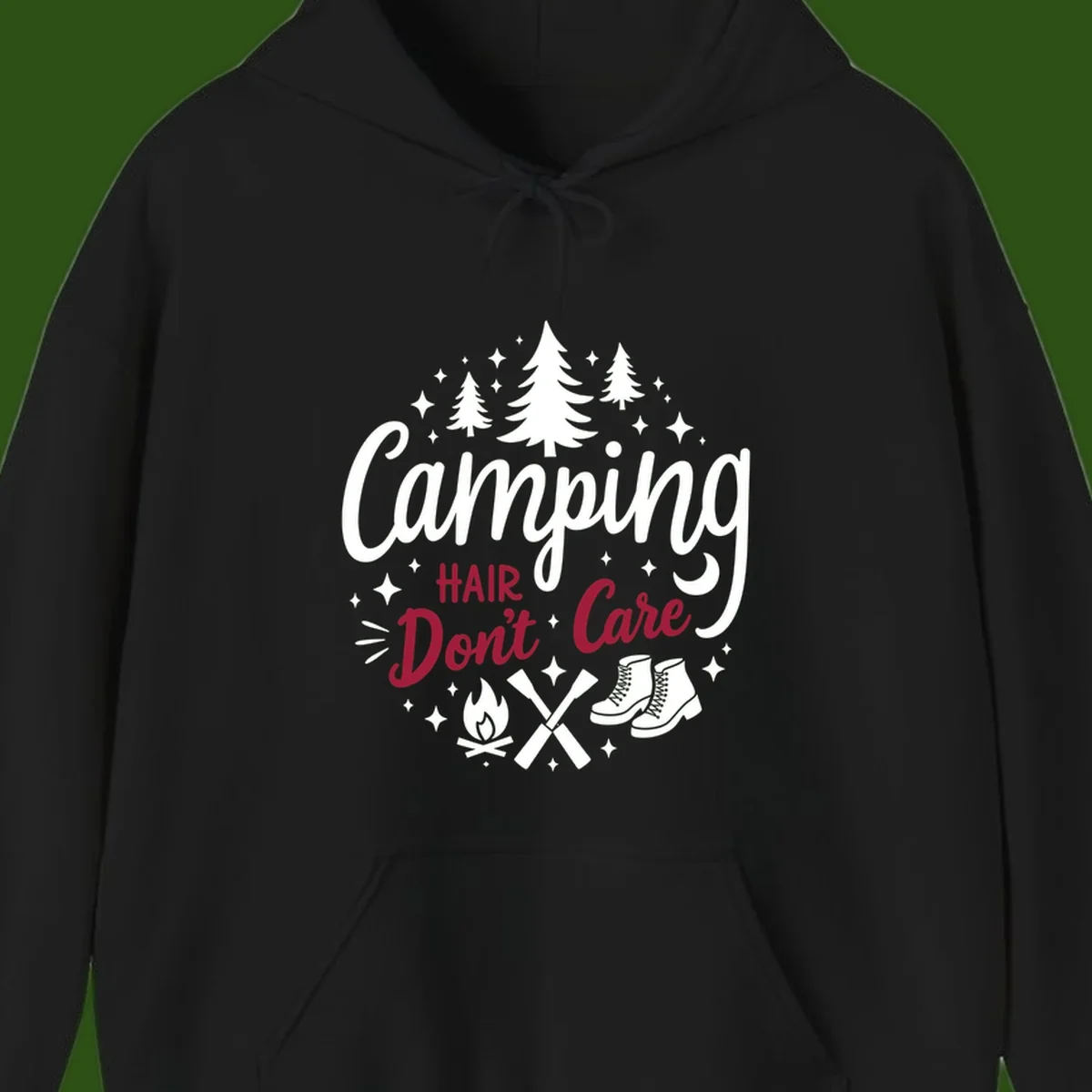 Camping hair don't care design with pine trees, campfire, boots, and script lettering on gray background