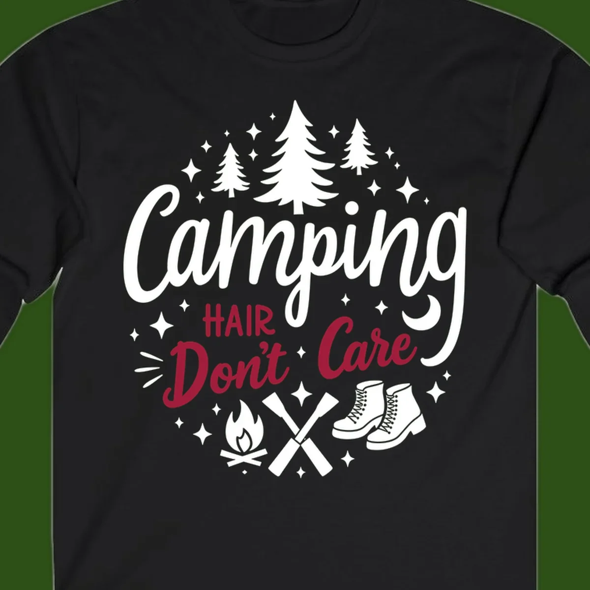 Camping hair don't care design with pine trees, campfire, boots, and script lettering on gray background
