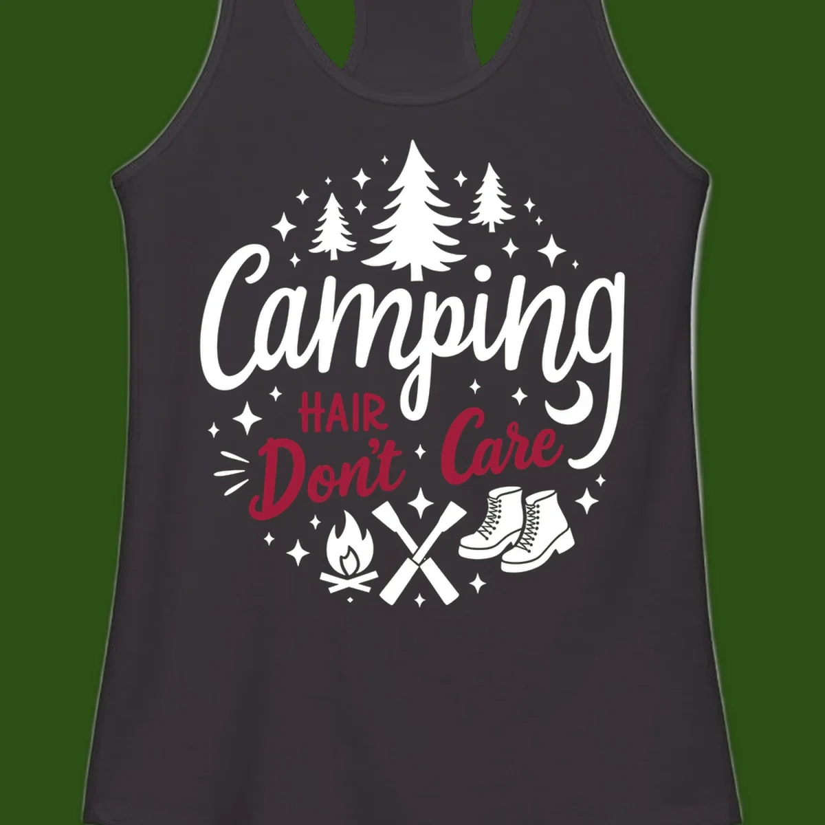 Camping hair don't care design with pine trees, campfire, boots, and script lettering on gray background