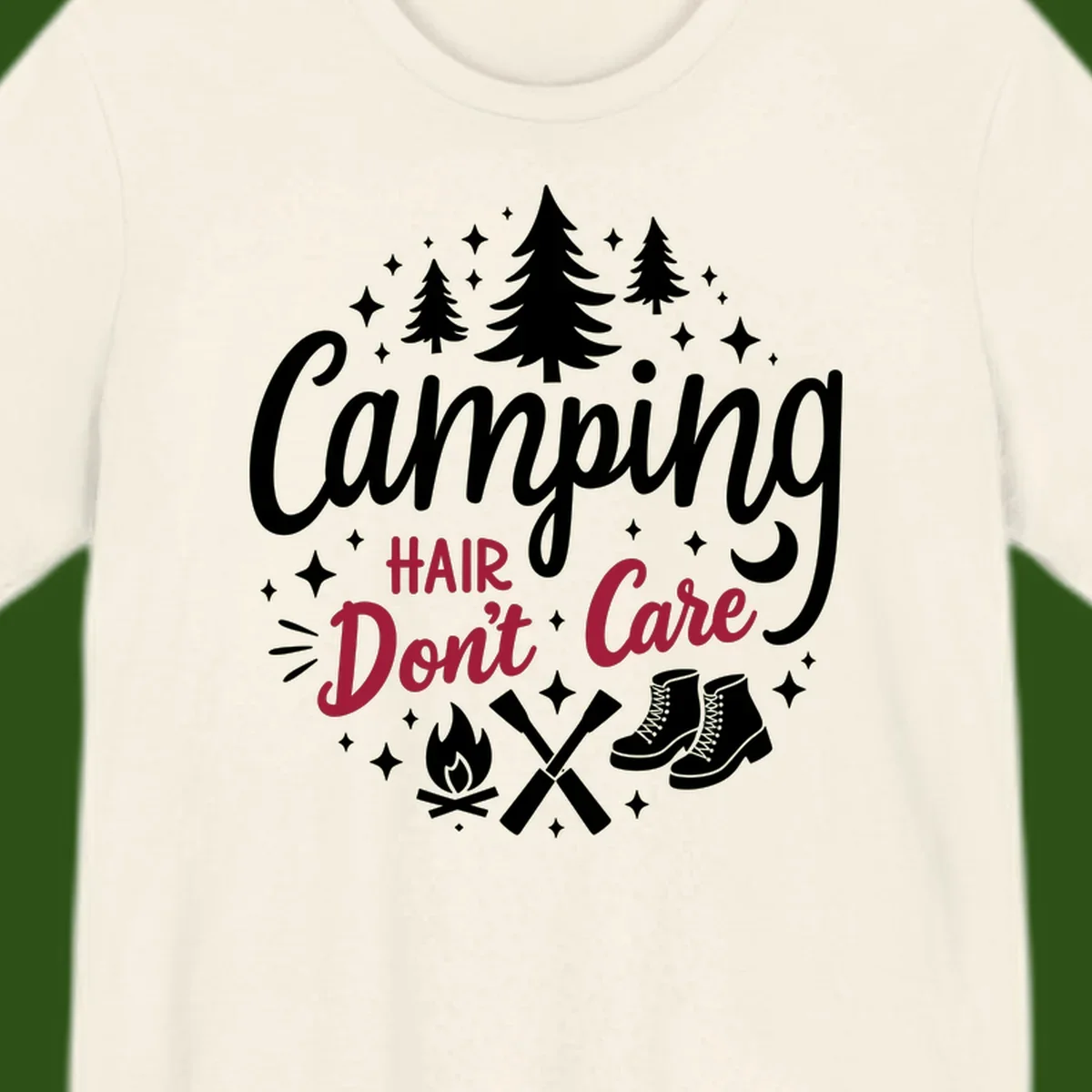 Camping hair don't care design with pine trees, campfire, boots, and script lettering on gray background