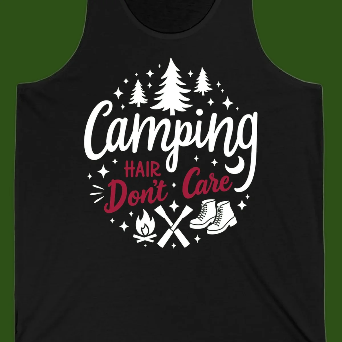 Camping hair don't care design with pine trees, campfire, boots, and script lettering on gray background
