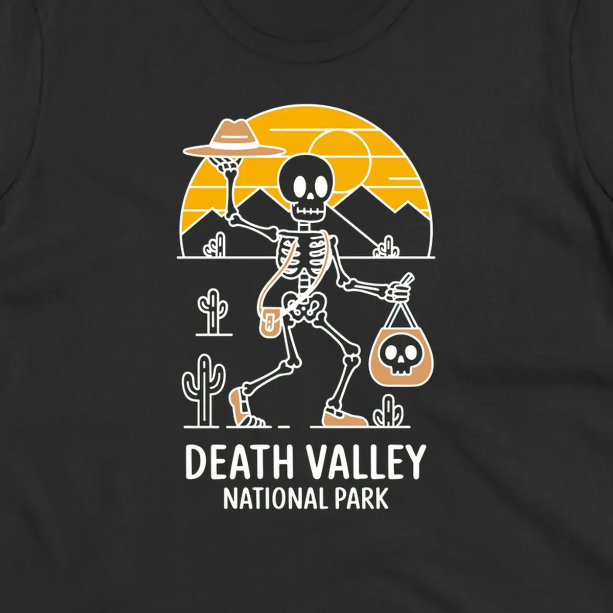 Skeleton cowboy holding skull pouch in Death Valley desert landscape with cacti, mountains, and golden sun rays